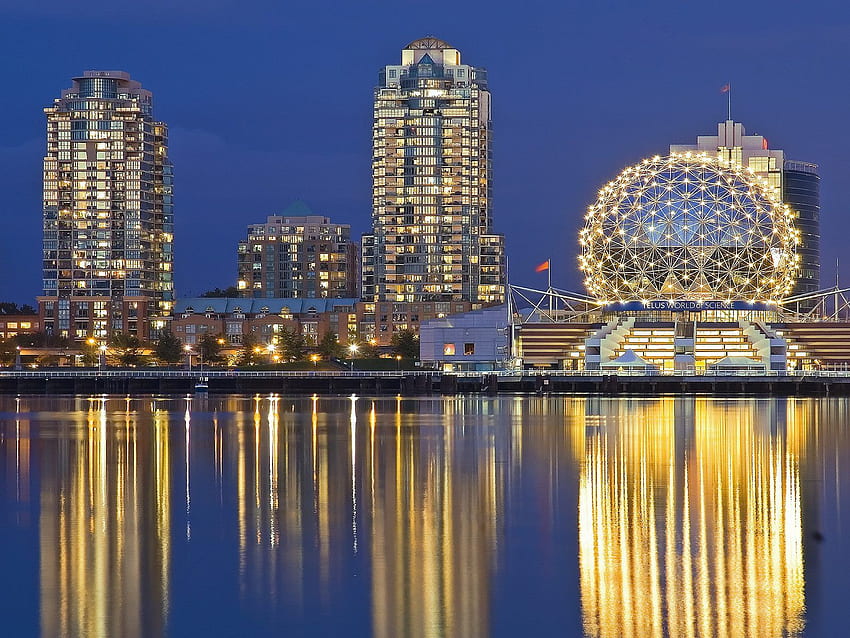 Атракция близо до Ванкувър, небостъргачи, отражение, атракция, светлини, вода HD тапет