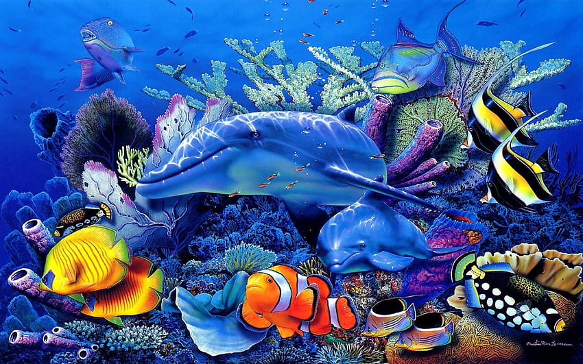 Oceano Mundo Subaquático Golfinhos Corais Exóticos Peixes Tropicais papel de parede HD