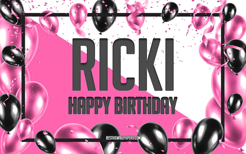 Happy Birtay Ricki, Birtay Balloons Background, Ricki, with names, Ricki Happy Birtay, Pink Balloons Birtay Background, greeting card, Ricki Birtay HD wallpaper