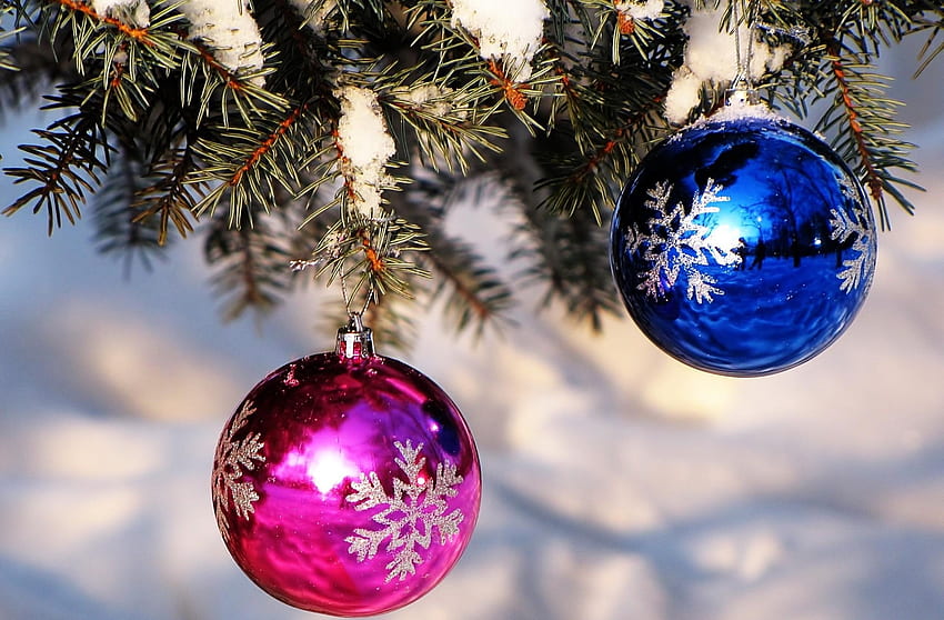 Feiertage, Rosa, Schnee, Tanne, Fichte, Weihnachtsschmuck, Weihnachtsbaumspielzeug, Bälle HD-Hintergrundbild
