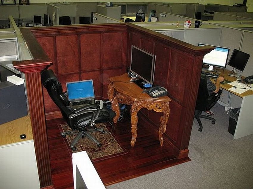 Best Cubicle Ever, chair, rug, cubicle, wood, paneling, laptop, work, computer, panel, office, desk HD wallpaper