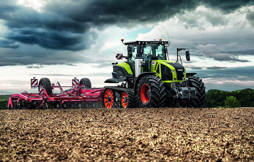 field, the sky, work, tractor, cabin, caterpillar, wheel, Claas, agricultural machinery, cultivator, CLAAS Axion 900, Axion - for , section другая техника HD wallpaper