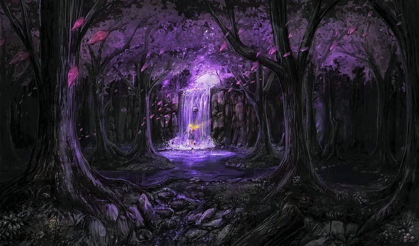 de árbol de cascada de bosque encantado mágico de fantasía púrpura de hadas de fiesta de impresión de computadora. fondo de pantalla