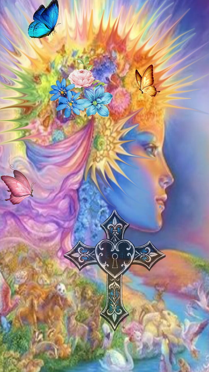Spiritual, pastel, butterfly, cross, flower HD phone wallpaper