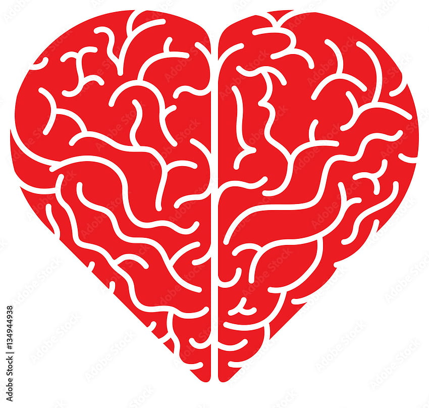 Tampilan atas otak dalam bentuk kartun hati merah yang menunjukkan kedua sisinya, lilitannya dan kerumitan anatominya. Warna rata, desain minimalis Stock Illustration, Brain vs Heart Wallpaper HD