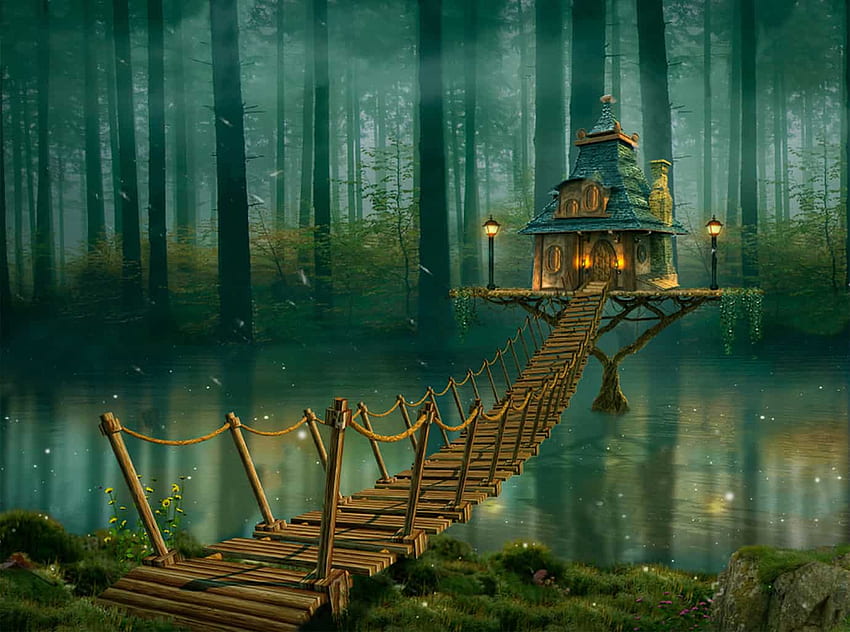 arte della parete, decorazione, casa sull'albero e foresta magica, vivaio, casa magica, fiaba, lago magico, foresta delle fiabe, splendida arte Sfondo HD