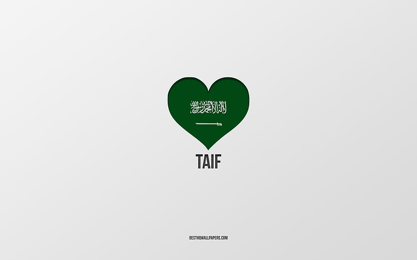 J'aime Taif, villes d'Arabie Saoudite, Jour de Taif, Arabie Saoudite, Taif, fond gris, coeur de drapeau de l'Arabie Saoudite, Love Taif Fond d'écran HD