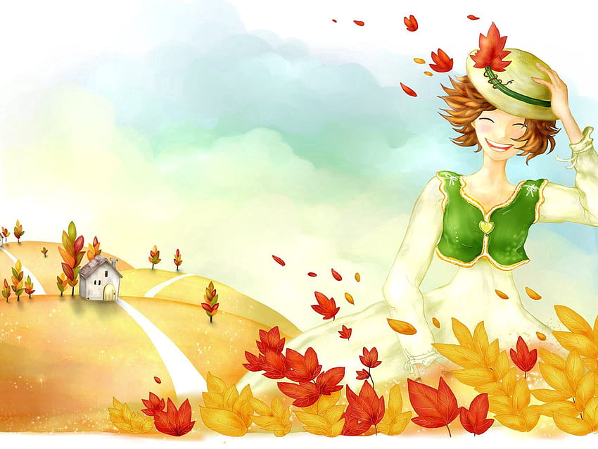 Trees, Autumn, Leaves, Rain, , , , Drawing, House, Girl HD wallpaper