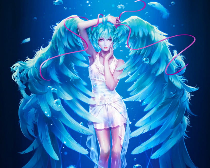 Angel, blue, wings, anime HD wallpaper