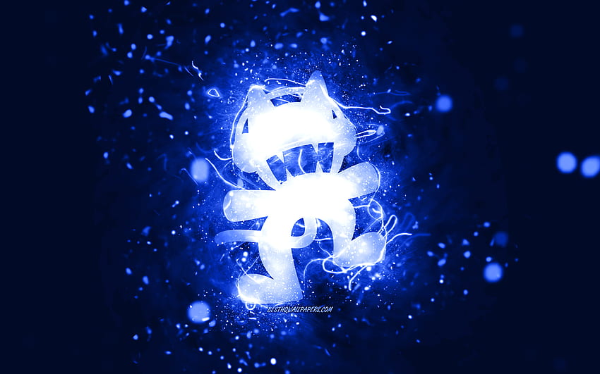 Monstercat ciemnoniebieskie logo, kanadyjscy DJ-e, ciemnoniebieskie neony, kreatywne, ciemnoniebieskie abstrakcyjne tło, logo Monstercat, gwiazdy muzyki, Monstercat Tapeta HD