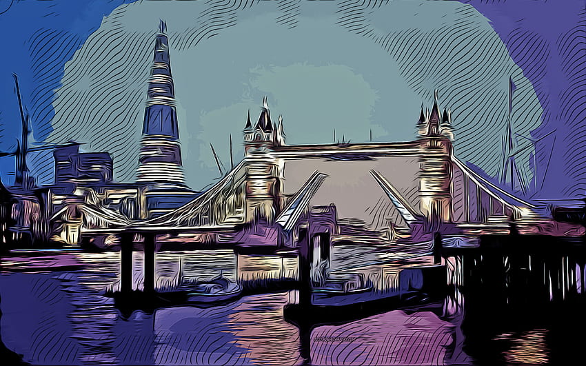 Tower Bridge, Londyn, sztuka wektorowa, rysunek Tower Bridge, sztuka twórcza, sztuka Tower Bridge, wektor rysunek, abstrakcyjny pejzaż, Anglia, pejzaż Londynu Tapeta HD