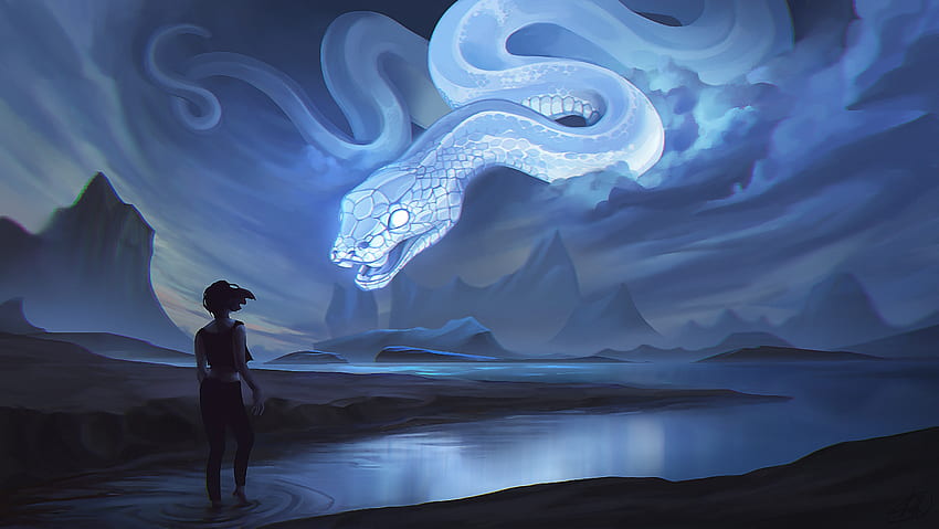 งูแฟนตาซี ลูมิโน ท้องฟ้า หญิงสาว น้ำ งู สีน้ำเงิน lua marques มืด แฟนตาซี งู ยักษ์ วอลล์เปเปอร์ HD
