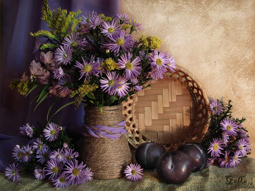still life, bouquet, graphy, vase, beautiful, nice, purple, flower, plum, cool, fruit, flowers, , harmony HD wallpaper