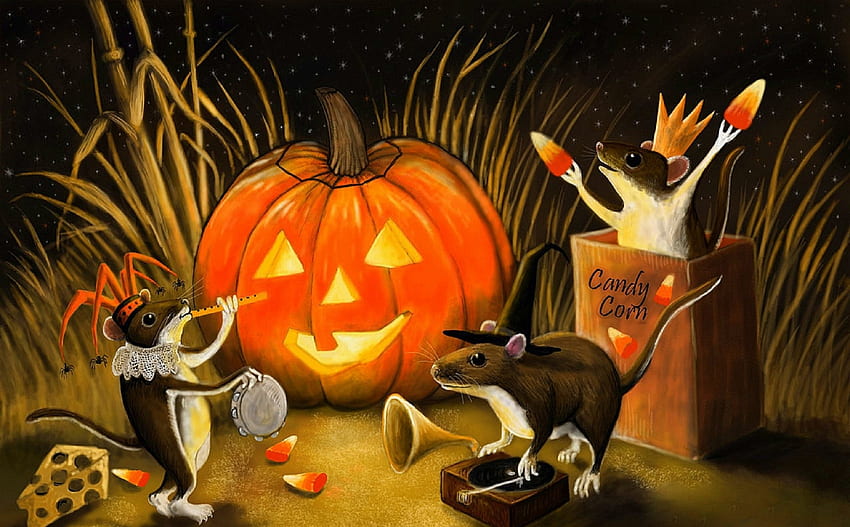 ★Party for Halloween★, mouses, other, cute, colors, paintings, digital art, beautiful, creative pre-made, pumpkins, party, love four seasons, halloween, lovely HD wallpaper