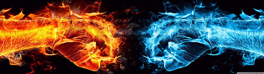 Dual monitor screen multi multiple fire feu blue bleu orange flamme flame . HD wallpaper