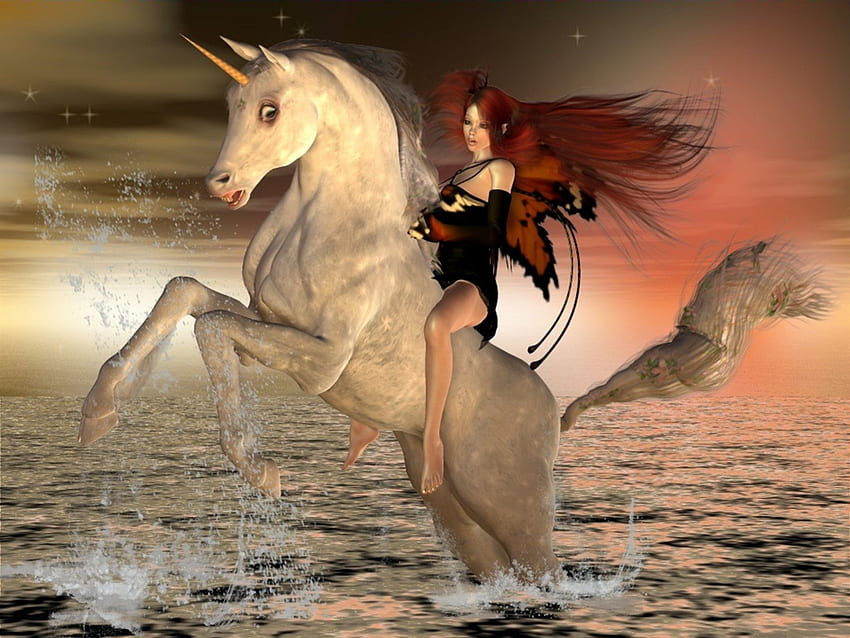 unicorn red head woman, fantasy, red, unicorn, hair, woman HD wallpaper