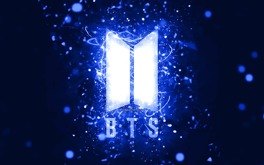 BTS dark blue logo, , dark blue neon lights, creative, dark blue abstract background, Bangtan Boys, BTS logo, music stars, BTS, Bangtan Boys logo HD wallpaper