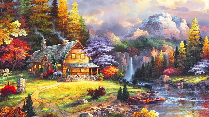 Beautiful Garden Waterfall River Cottage - Waterfall Beautiful Nature Flowers Garden 高画質の壁紙