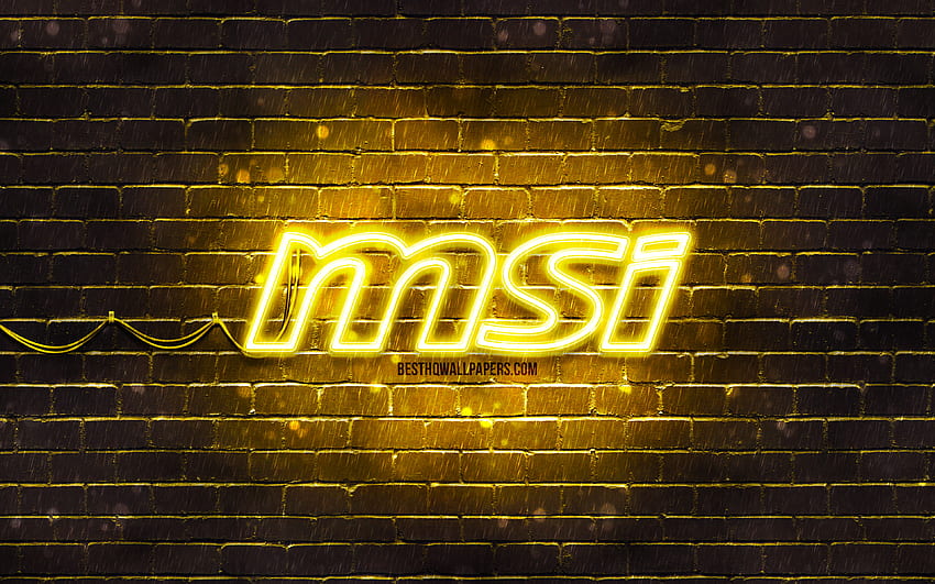 MSI жълто лого, , жълта тухлена стена, MSI лого, марки, MSI неоново лого, MSI HD тапет