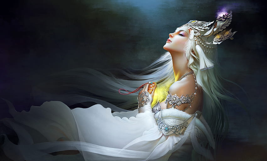 Gadis fantasi, penyihir, putih, frumusete, asia, fantasi, seni, luminos Wallpaper HD