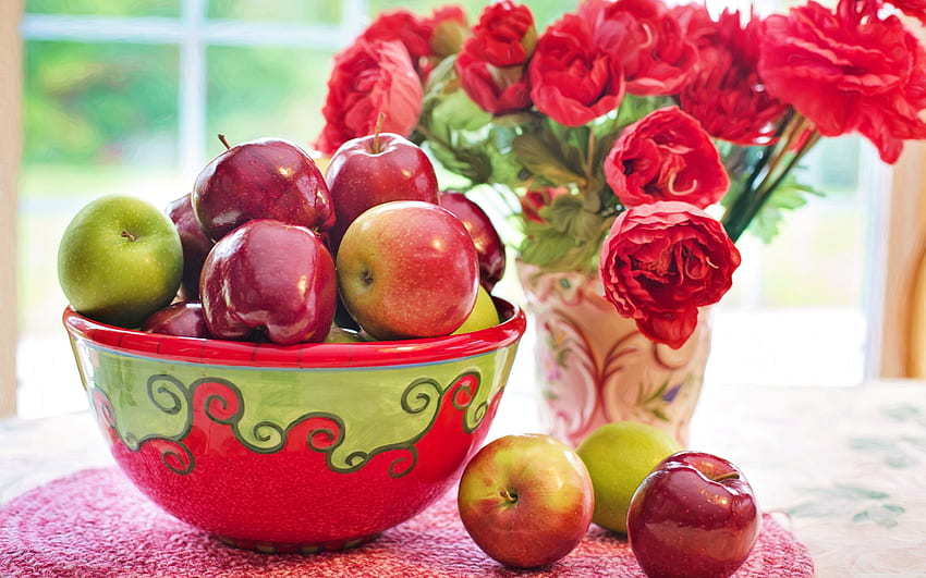 Still Life Apples fruits Bowl, Red Flowers in Vase ❤ HD wallpaper