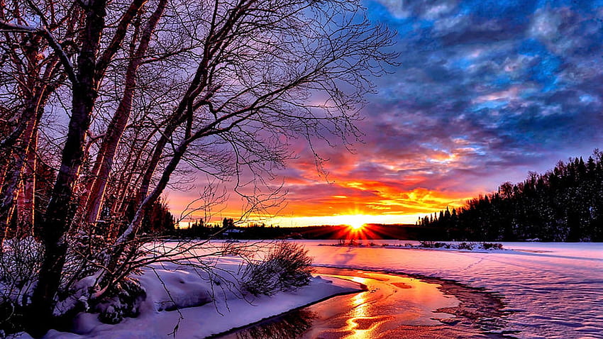 Canadian Sunset, Ontario, river, winter, snow, colors, trees, landscape, sky, canada, clouds HD wallpaper