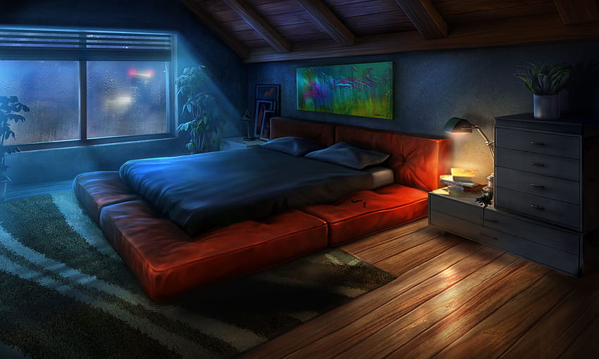 prompthunt: the most cute artist bed room with garden house, golden time,  cel-shading, animation, in the style of Studio Ghibli, Akihiko Yoshida,  Atelier Lulua, Shinkai Makoto, anime key visual