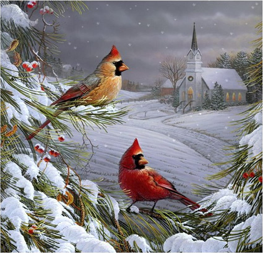 Cardinals, winter, bird, snow, christmas, nature, church, cardinal HD wallpaper