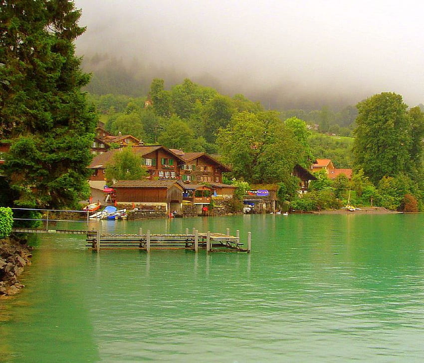 Lake in Switzerland, green, trees, greenery, switzerland, houses, dock, lake HD wallpaper
