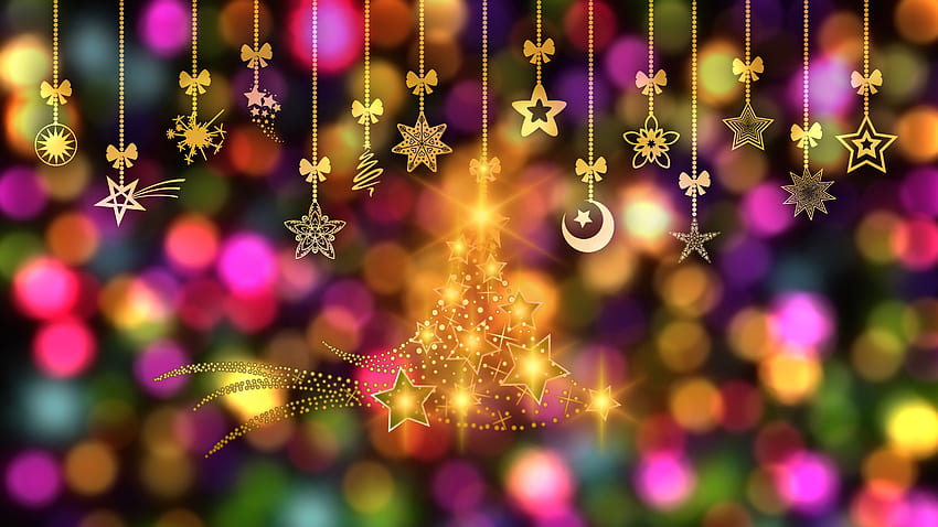 Wiszące Złote Gwiazdy Brokat Świąteczne Dekoracje Kolorowe Tło Bokeh Boże Narodzenie Tapeta HD