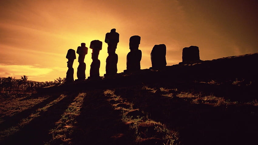 Moai Stone Statues at Sunset, Easter Island in resolution HD wallpaper