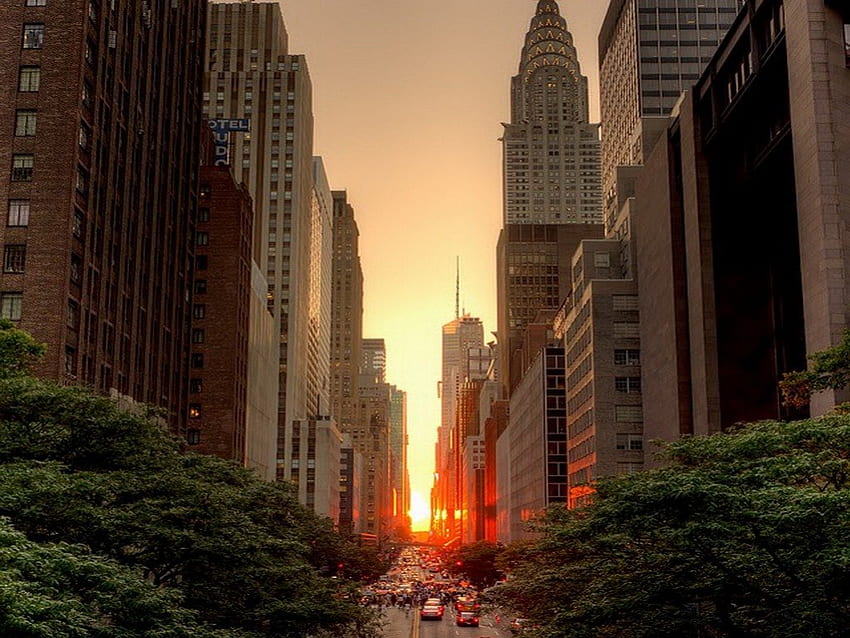 42nd St, gedung pencakar langit, New York, kota, jalan, matahari terbenam Wallpaper HD