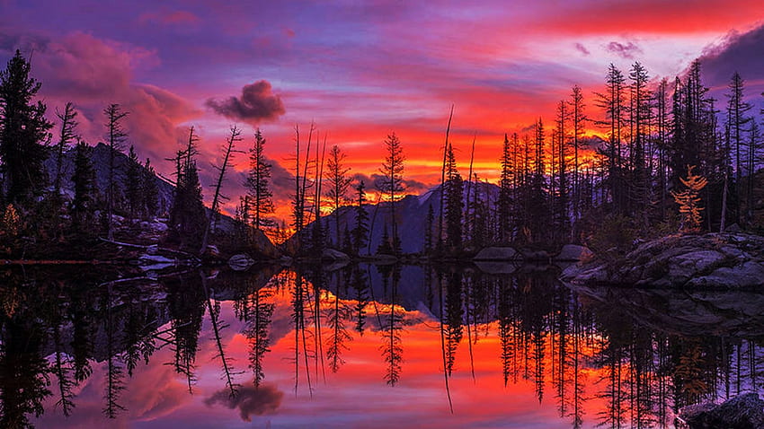 Symmetrical sunrise fire upon an alpine lake in Washington State, colors, clouds, landscape, sky, mountains, water, reflections, usa, trees HD wallpaper