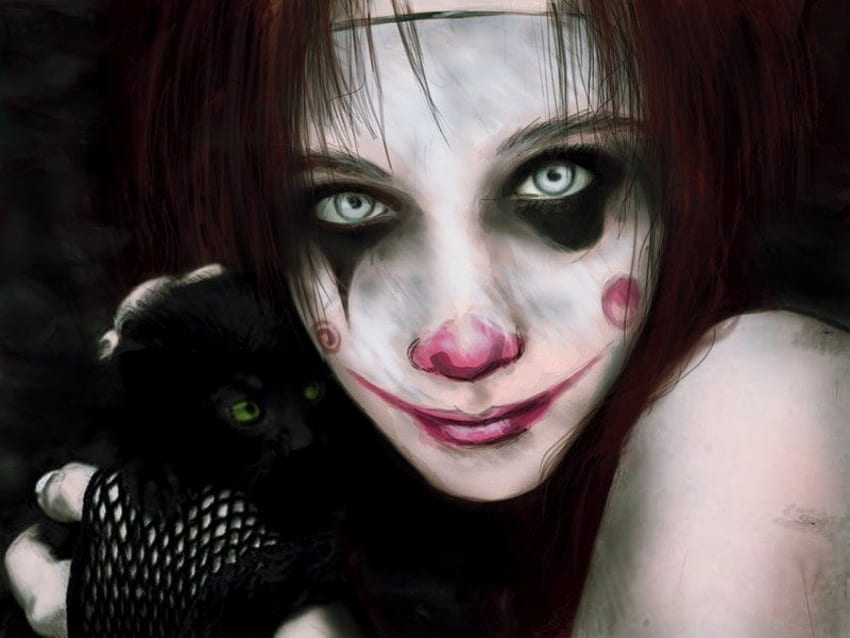 Clown Lover, sweet, black kitten, lover, clown, girl beautiful, cute, goth, girl, woman HD wallpaper