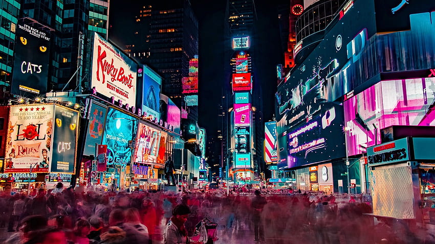 Cidade de Nova York, Noite, Arranha-céus, Pessoas, Times Square New York papel de parede HD