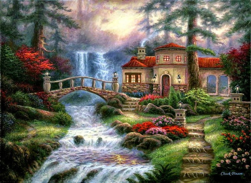 Beautiful Paintings, Waterfalls, House, Beautiful, Paintings, Trees, Nature HD wallpaper