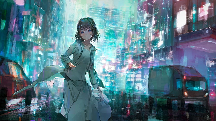 Anime Futuristic City, Girl Running, Cars, Painting for U TV papel de parede HD