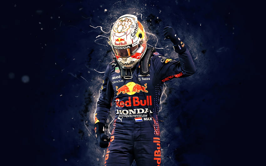 Max Verstappen,, Juara Dunia Formula 1 2021, Aston Martin Red Bull Racing, pembalap belanda, lampu neon biru, Pemenang Kejuaraan Dunia 2021, Formula 1, Max Emilian Verstappen, F1 2021 Wallpaper HD