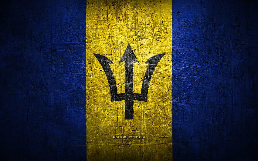Bandiera delle Barbados in metallo, arte grunge, Paesi del Nord America, Giorno delle Barbados, simboli nazionali, Bandiera delle Barbados, bandiere metalliche, Bandiera delle Barbados, America del Nord, Barbados Sfondo HD