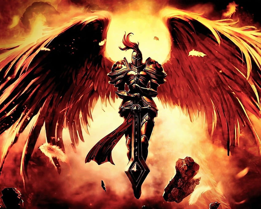 Caballero con espada, alas, caballero, alas doradas de ángel: invocadores, ángel de guerra fondo de pantalla