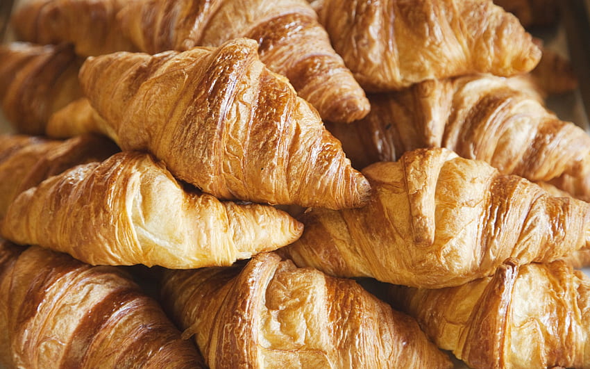 croissant, pasticcini francesi, di croissant, prodotti da forno, colazione per con risoluzione. Pasticceria francese di alta qualità Sfondo HD