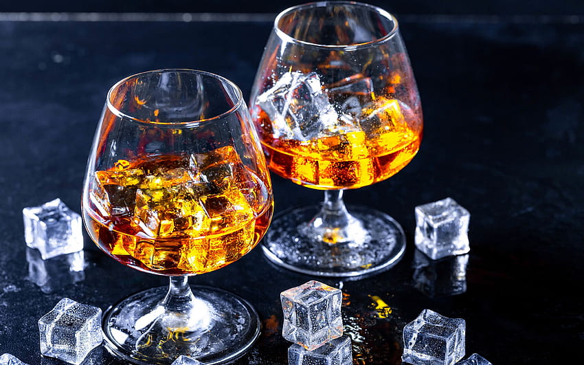 brandy with ice, ice cubes, brandy glasses, cognac, brandy, glasses on the table for with resolution . High Quality HD wallpaper