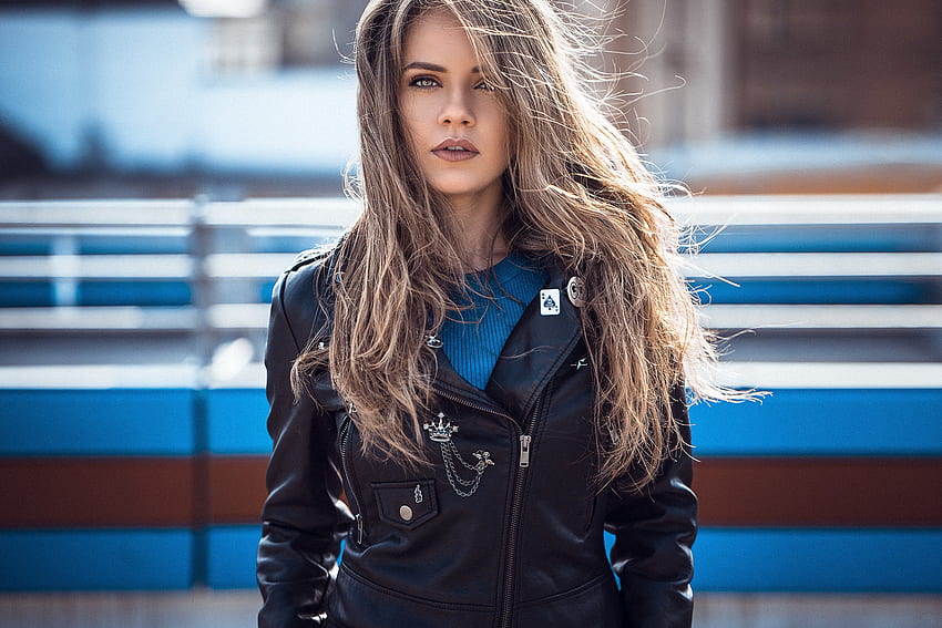 Leather jacket, woman, long hair, blonde, hot HD wallpaper