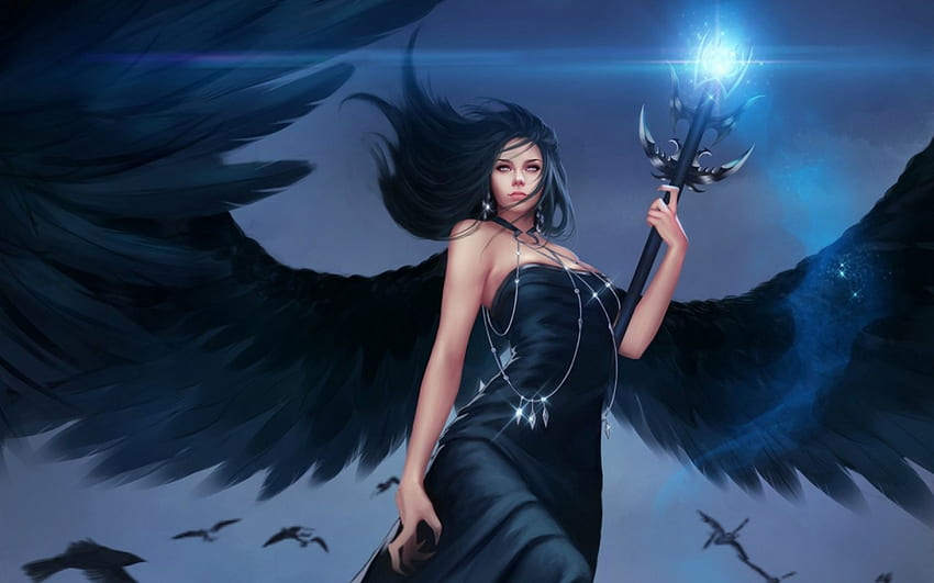 Ángel oscuro, alas, negro, niña, ángel, belleza, oscuro, mujer, pluma, fantasía fondo de pantalla