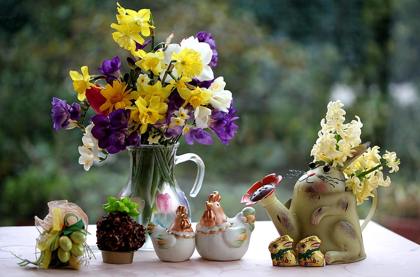 花、ウサギ、ブドウ、水仙、ブーケ、チューリップ、ニワトリ、シア 高画質の壁紙