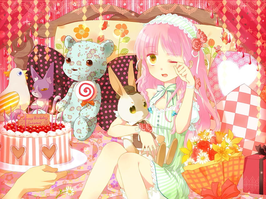 Animal Bed Bird Candy Flowers Lollipop Okitune Sama Original Pink, Candy Candy Anime HD wallpaper
