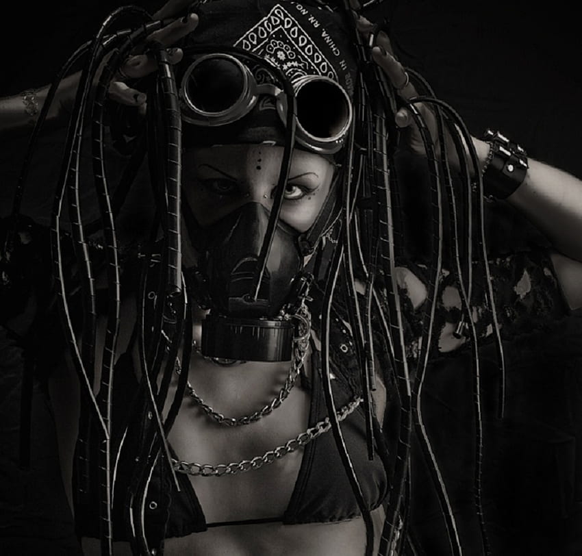 Perverso, modelo, fantasia, óculos, cyber punk, correntes, beleza, fêmea, máscara de gás papel de parede HD