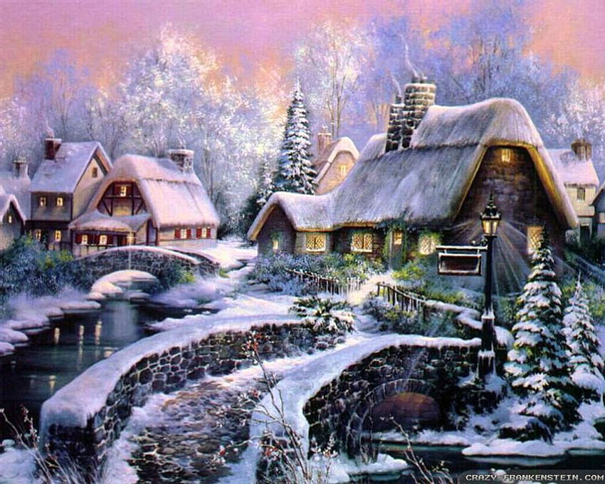 クリスマスの夕日、冬、絵画、クリスマス、日没 高画質の壁紙