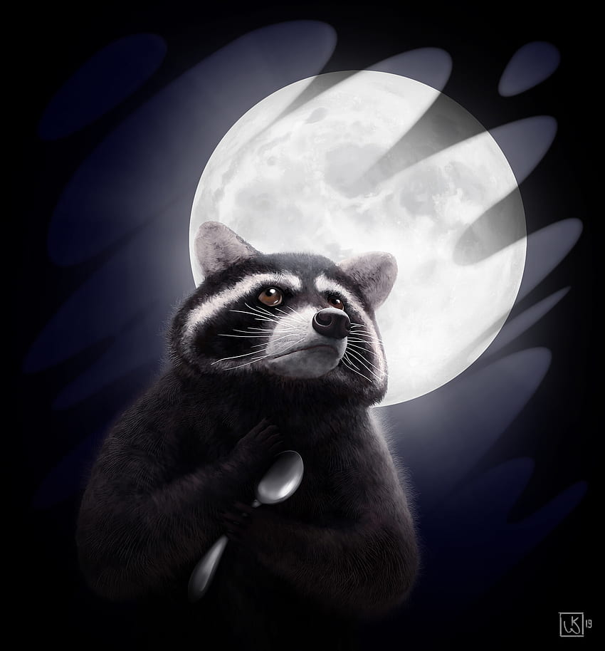 Raccoon, moon, spoon, art HD phone wallpaper