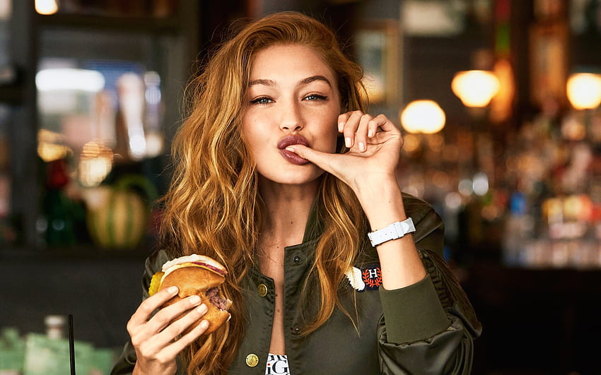 Gigi Hadid, American supermodel, portrait, blue jacket, Tommy Hilfiger for  with resolution . High Quality HD wallpaper